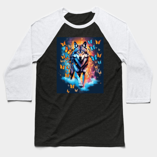 Wolf Stepping Through A Smoky Swirl Of Butterflies Baseball T-Shirt by BirdsnStuff