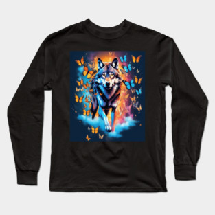 Wolf Stepping Through A Smoky Swirl Of Butterflies Long Sleeve T-Shirt