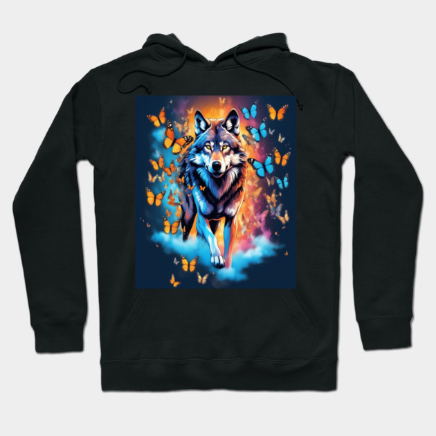 Wolf Stepping Through A Smoky Swirl Of Butterflies Hoodie by BirdsnStuff