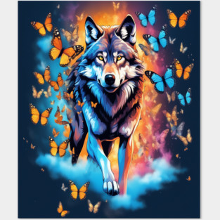 Wolf Stepping Through A Smoky Swirl Of Butterflies Posters and Art