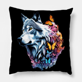 Wolf Stepping Through A Smoky Swirl Of Butterflies Pillow