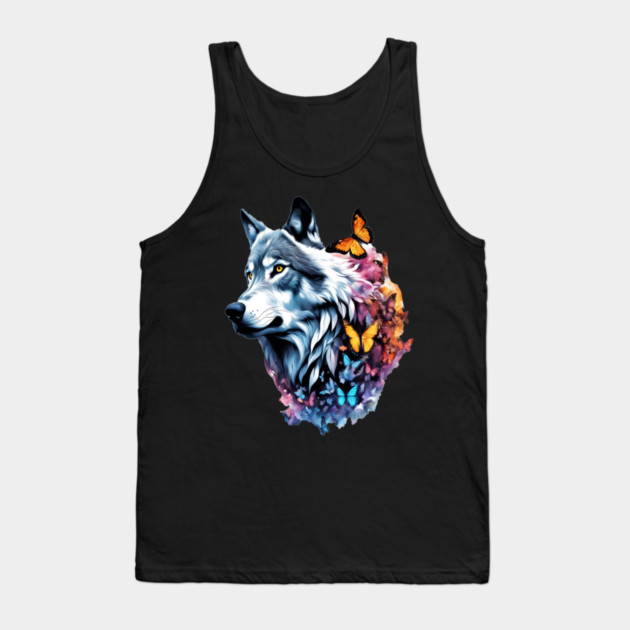 Wolf Stepping Through A Smoky Swirl Of Butterflies Tank Top by BirdsnStuff