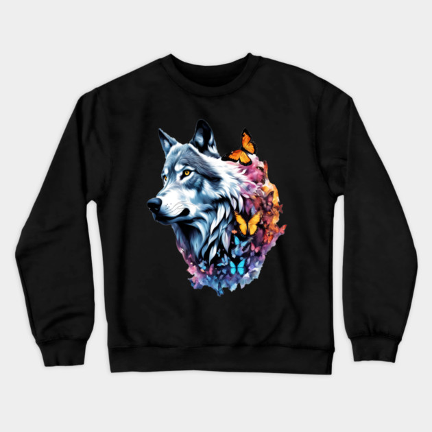 Wolf Stepping Through A Smoky Swirl Of Butterflies Crewneck Sweatshirt by BirdsnStuff