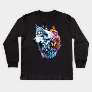 Wolf Stepping Through A Smoky Swirl Of Butterflies Kids Long Sleeve T-Shirt