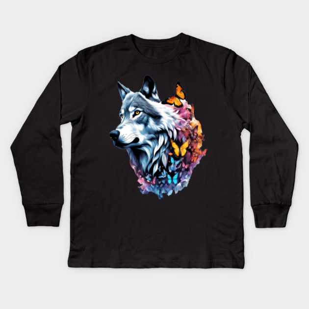 Wolf Stepping Through A Smoky Swirl Of Butterflies Kids Long Sleeve T-Shirt by BirdsnStuff