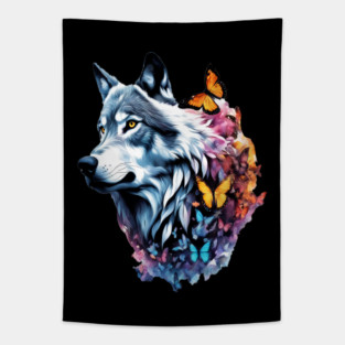 Wolf Stepping Through A Smoky Swirl Of Butterflies Tapestry