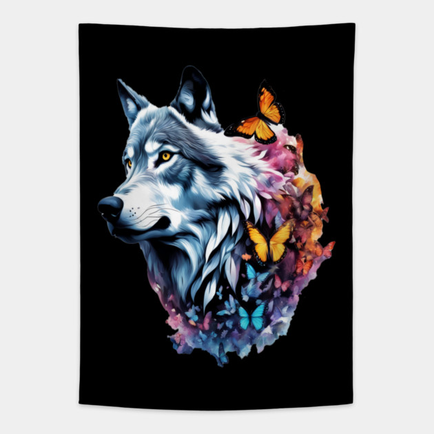 Wolf Stepping Through A Smoky Swirl Of Butterflies Tapestry by BirdsnStuff