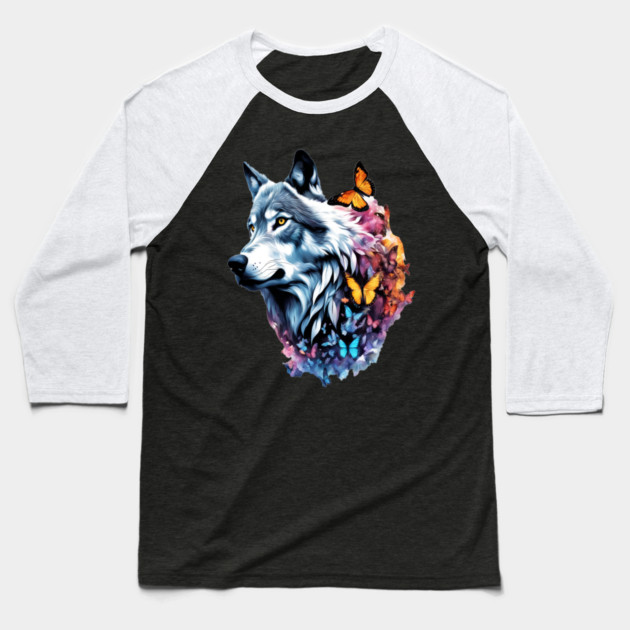 Wolf Stepping Through A Smoky Swirl Of Butterflies Baseball T-Shirt by BirdsnStuff