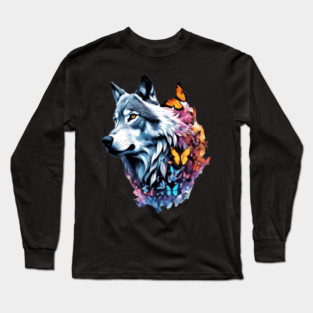 Wolf Stepping Through A Smoky Swirl Of Butterflies Long Sleeve T-Shirt