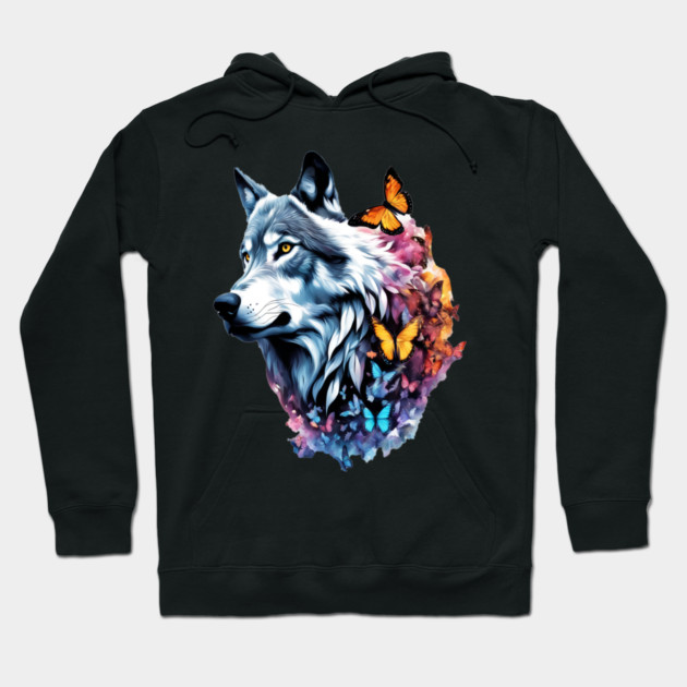Wolf Stepping Through A Smoky Swirl Of Butterflies Hoodie by BirdsnStuff