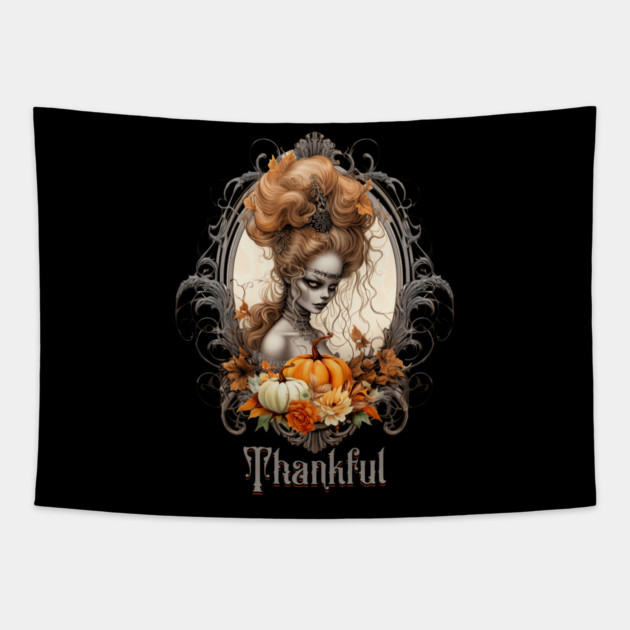 Goth Creepy Lady Pumpkins Thankful Tapestry by HolidayBug