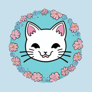 Adorable White Kitten With Pink Ears and Flowers - Digital Art T-Shirt