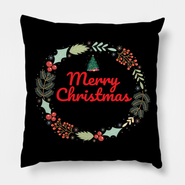 Merry Christmas Wreath Holiday Design Pillow by BirdsnStuff