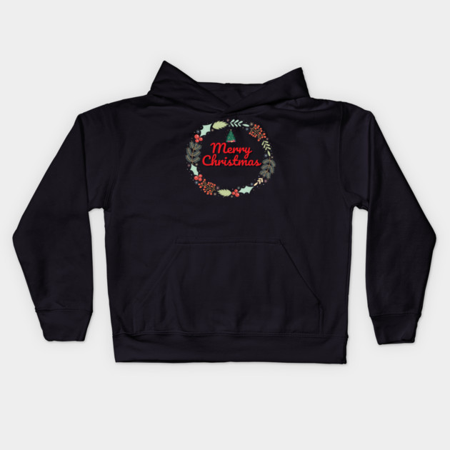Merry Christmas Wreath Holiday Design Kids Hoodie by BirdsnStuff