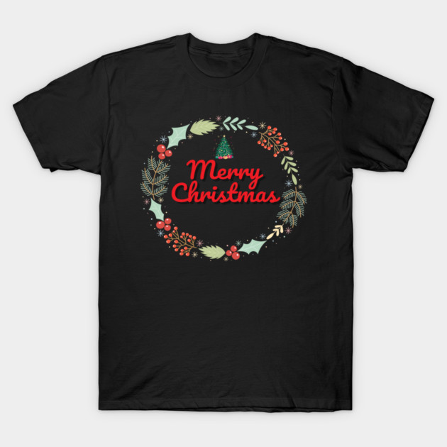 Merry Christmas Wreath Holiday Design T-Shirt by BirdsnStuff