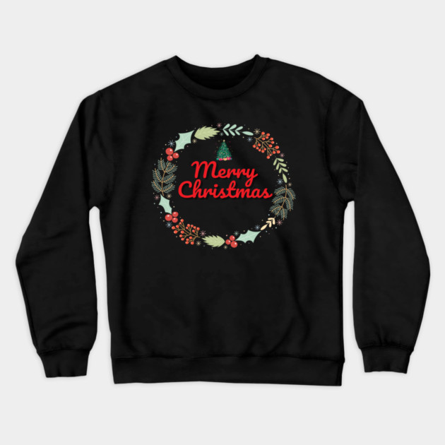 Merry Christmas Wreath Holiday Design Crewneck Sweatshirt by BirdsnStuff