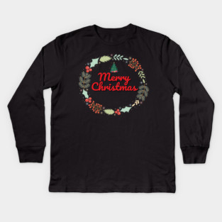 Merry Christmas Wreath Holiday Design Kids Long Sleeve T-Shirt