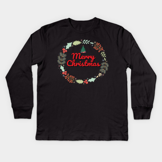 Merry Christmas Wreath Holiday Design Kids Long Sleeve T-Shirt by BirdsnStuff