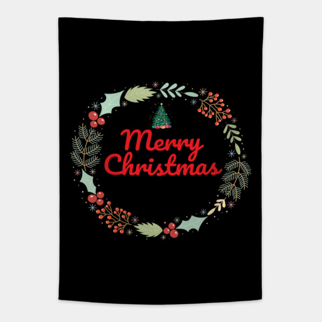 Merry Christmas Wreath Holiday Design Tapestry by BirdsnStuff