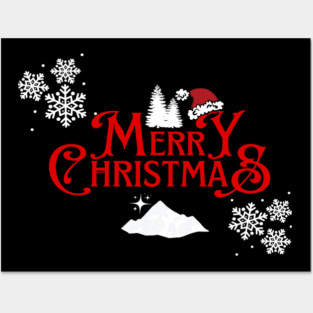 Merry Christmas Snowflakes Santa Hat Design Posters and Art