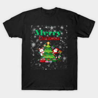 Merry Christmas, Santa, Elf, Snowman Design T-Shirt