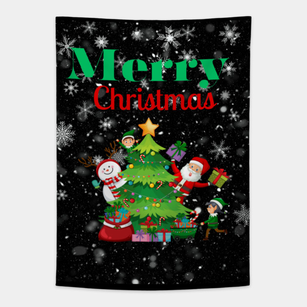 Merry Christmas, Santa, Elf, Snowman Design Tapestry by BirdsnStuff