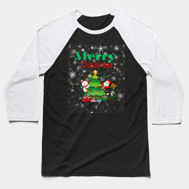 Merry Christmas, Santa, Elf, Snowman Design Baseball T-Shirt by BirdsnStuff