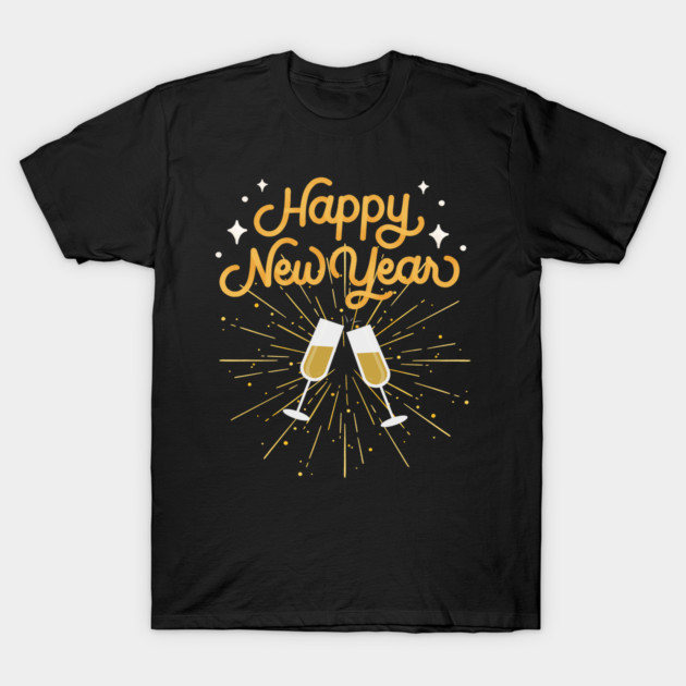 Happy New Year Celebration Cheers Wine Glasses Design T-Shirt by BirdsnStuff