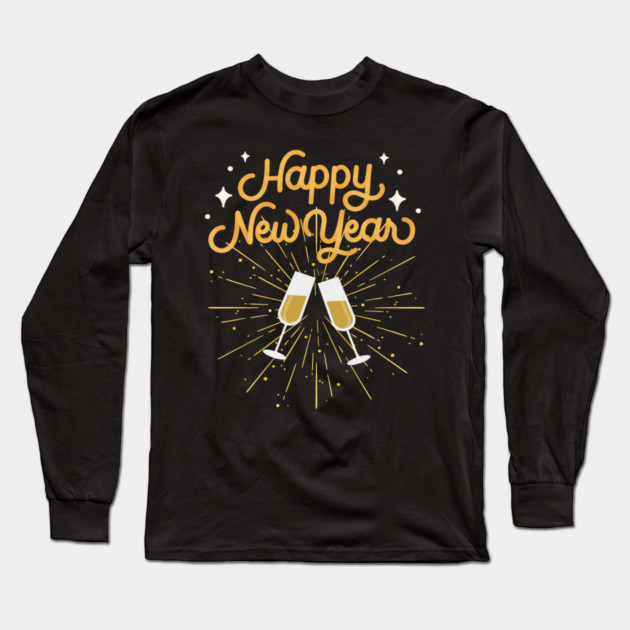 Happy New Year Celebration Cheers Wine Glasses Design Long Sleeve T-Shirt by BirdsnStuff