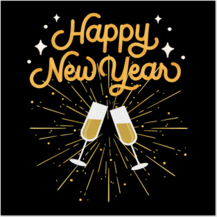 Happy New Year Celebration Cheers Wine Glasses Design Posters and Art