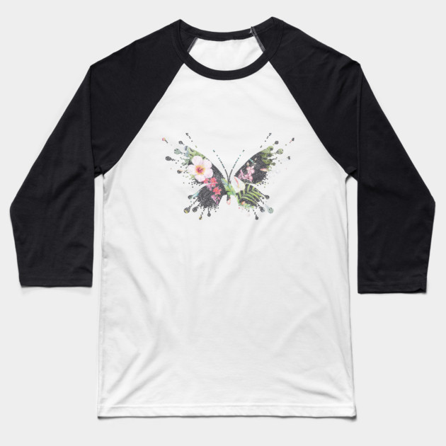 Tropical Butterfly Floral Baseball T-Shirt by logiamerch