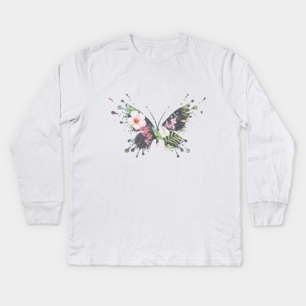 Tropical Butterfly Floral Kids Long Sleeve T-Shirt by logiamerch