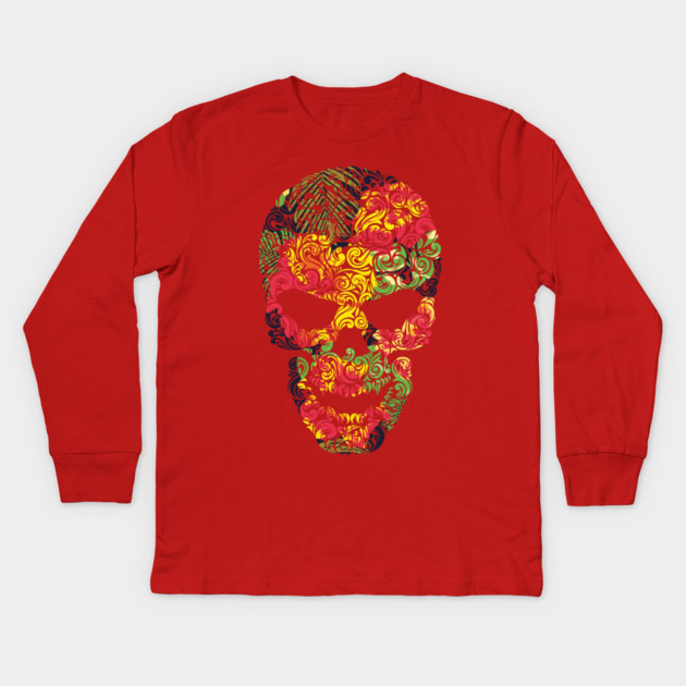Tropical Floral Skull Kids Long Sleeve T-Shirt by logiamerch