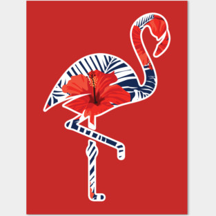 Tropical Flamingo Floral Blue Posters and Art