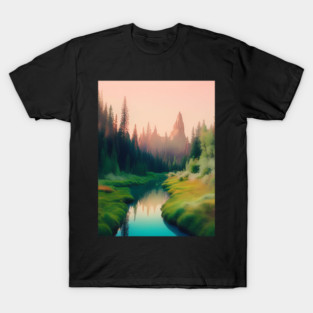 AI Generated Art Scenery - Lush Green Forest Mountains In The Back And River T-Shirt