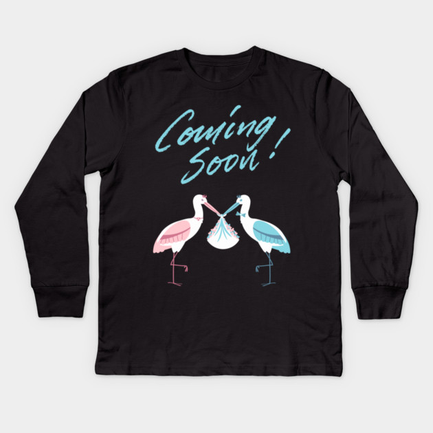 Mother's To Be, New Moms, Baby Announcement Cute, Storks, Coming Soon Design Kids Long Sleeve T-Shirt by BirdsnStuff