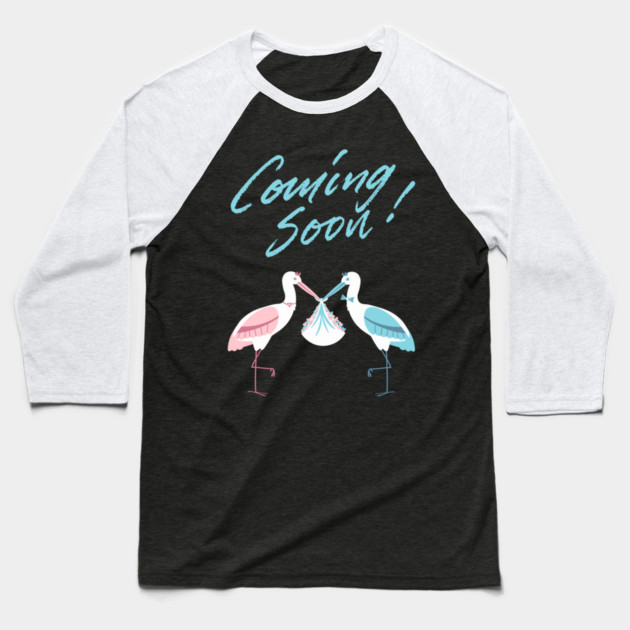 Mother's To Be, New Moms, Baby Announcement Cute, Storks, Coming Soon Design Baseball T-Shirt by BirdsnStuff