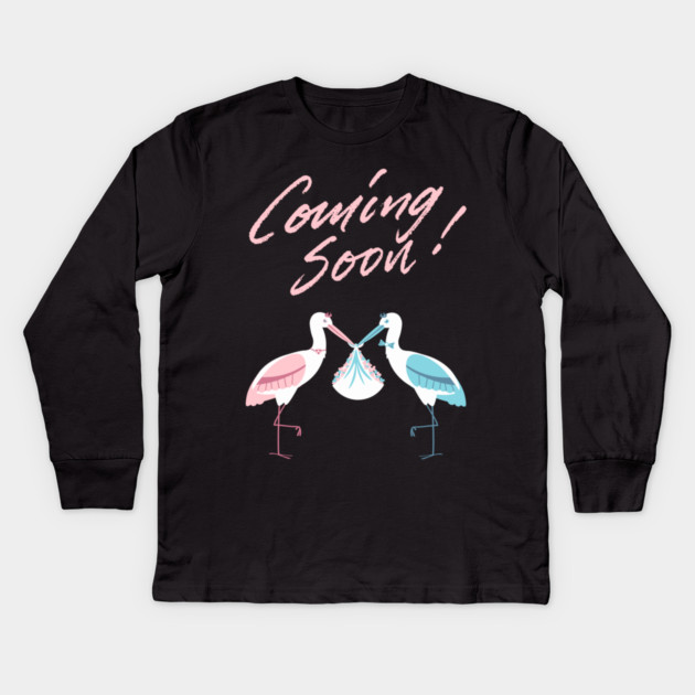 Mother's To Be, New Moms, Baby Announcement Cute, Storks, Coming Soon Design Kids Long Sleeve T-Shirt by BirdsnStuff