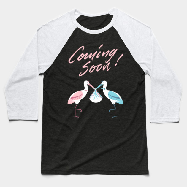 Mother's To Be, New Moms, Baby Announcement Cute, Storks, Coming Soon Design Baseball T-Shirt by BirdsnStuff