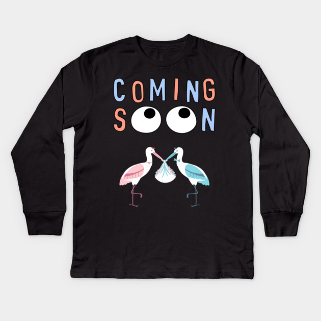 Mother's To Be, New Moms, Baby Announcement Cute, Storks, Coming Soon Design Kids Long Sleeve T-Shirt by BirdsnStuff