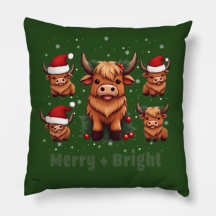 Cute Highland Cow Christmas Merry and Bright, Scottish, Cow Xmas Farmer, Christmas sweater with cute Highland Cow Pillow