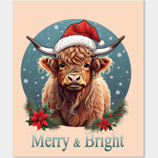 Highland Cow Christmas Merry and Bright, Scottish, Cow Xmas Farmer, Christmas sweater with cute Highland Cow Posters and Art