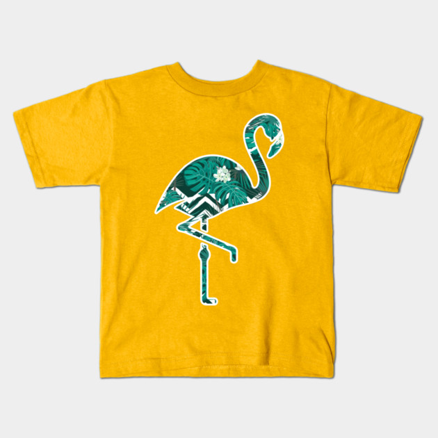 Tropical Floral Flamingo Blue Kids T-Shirt by logiamerch