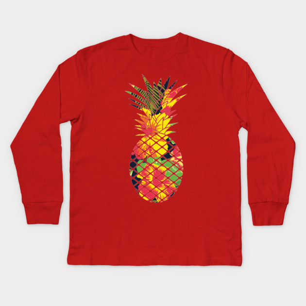 Tropical Pineapple Geometric Floral Kids Long Sleeve T-Shirt by logiamerch