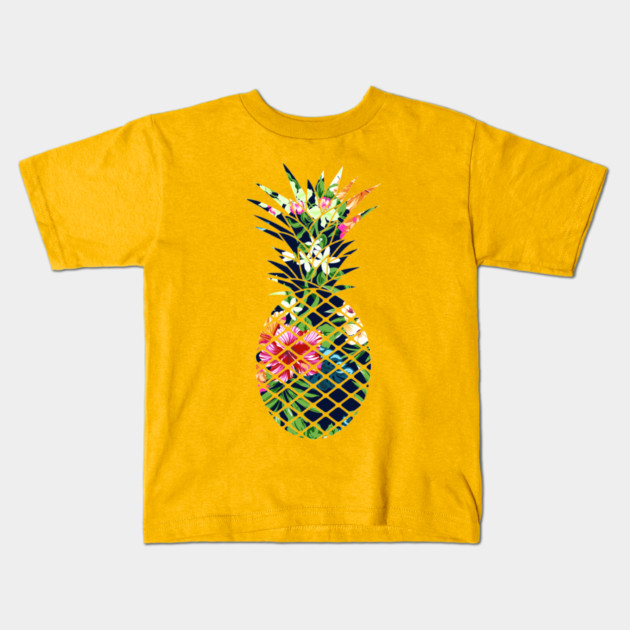 Tropical Geometric Pineapple Dark Blue Floral Kids T-Shirt by logiamerch