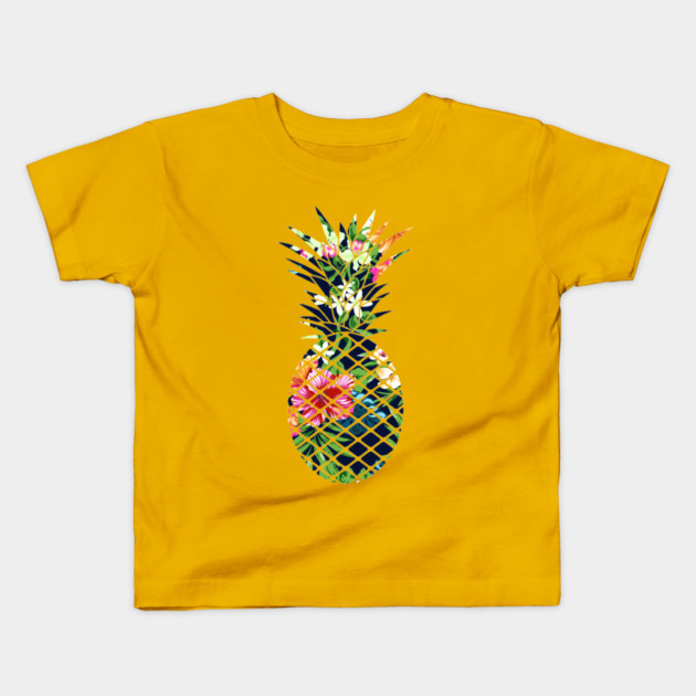 Tropical Geometric Pineapple Dark Blue Floral Kids T-Shirt by logiamerch