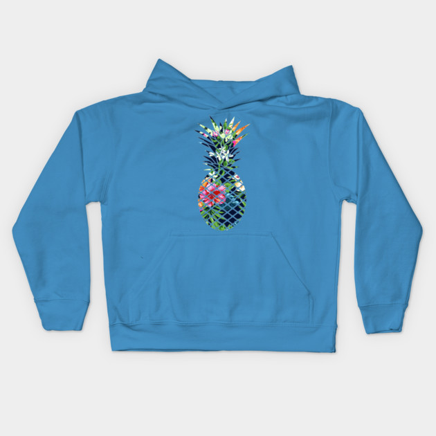 Tropical Geometric Pineapple Dark Blue Floral Kids Hoodie by logiamerch