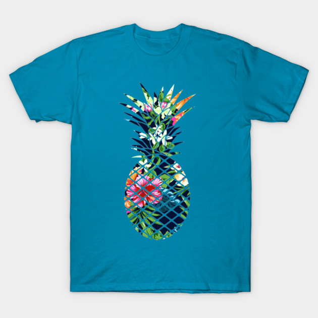 Tropical Geometric Pineapple Dark Blue Floral T-Shirt by logiamerch
