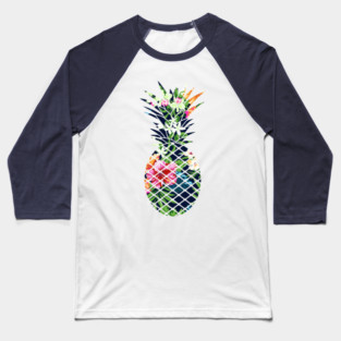 Tropical Geometric Pineapple Dark Blue Floral Baseball T-Shirt