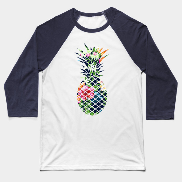 Tropical Geometric Pineapple Dark Blue Floral Baseball T-Shirt by logiamerch